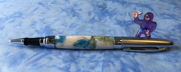 Pressimo screw cap roller ball pen- white shimmer acrylic with green and blue accents