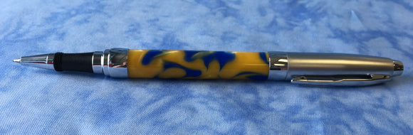 Pressimo screw cap roller ball pen- blue and yellow shimmer swirl acrylic